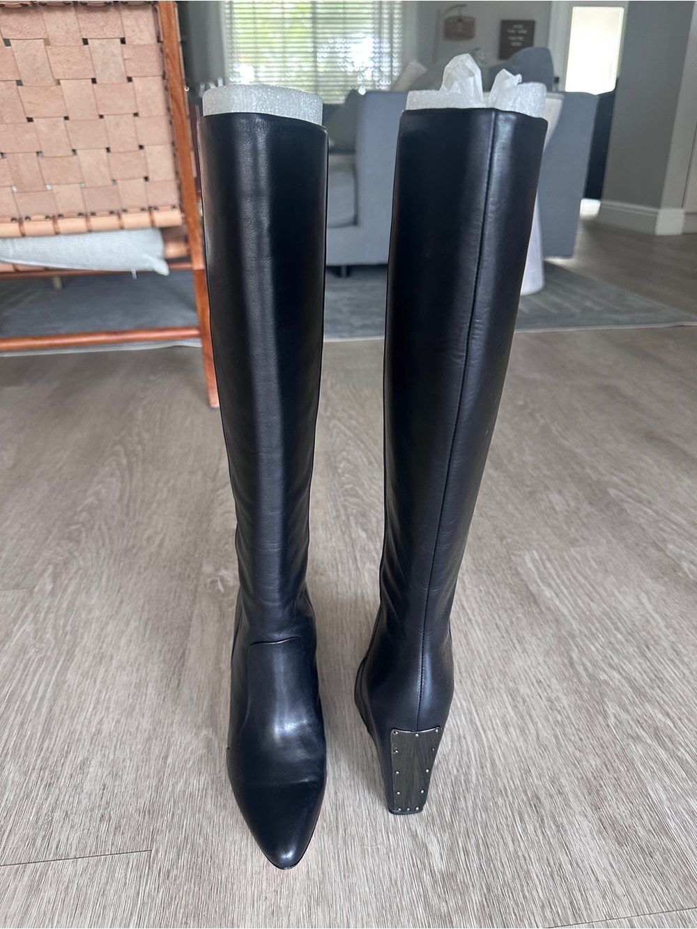 BCBGMAXAZRIA NWT Black Knee-high Leather Boots with Studded Wedge Heel